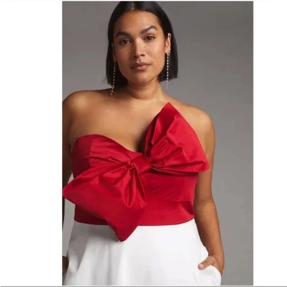 ANTHROPOLOGIE Bow Tie Maxi Dress Flounce Hem Strapless Red White Hutch NWT - Picture 7 of 8